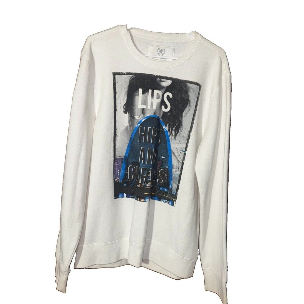 Men’s White Express Graphic Crew Neck Sweater Sz L